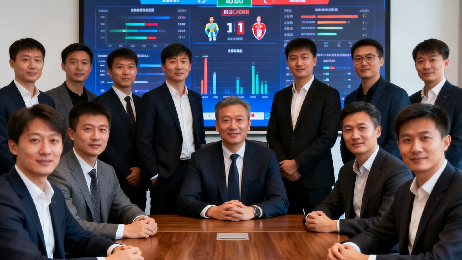 足球直播网核心团队成员在会议室合影，背景屏幕显示欧冠赛事数据